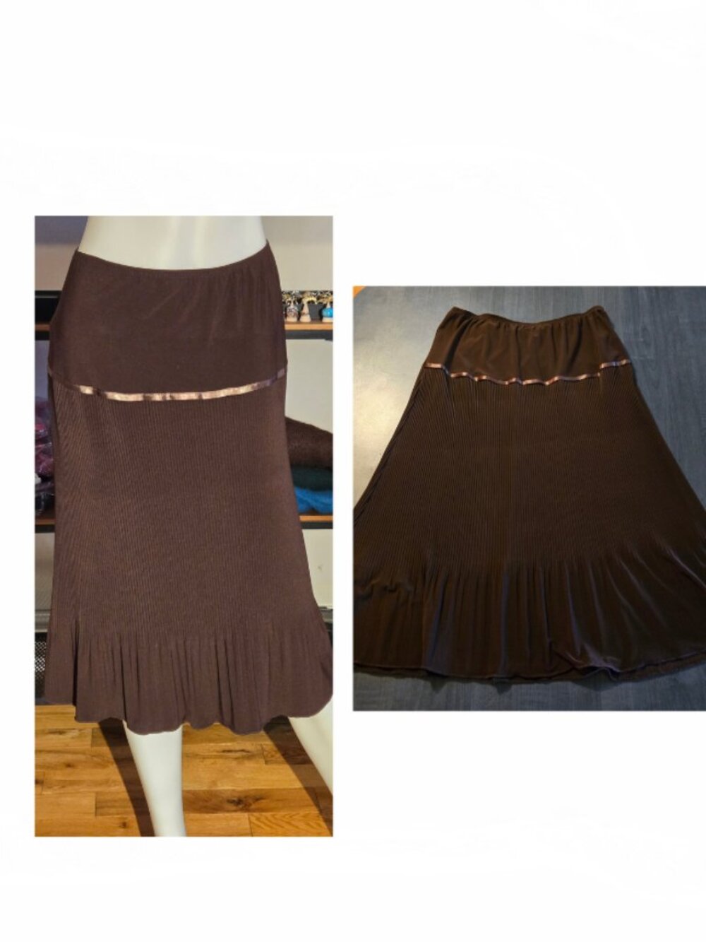 Vintage Brown Pleated Midi Skirt Medium-Large
